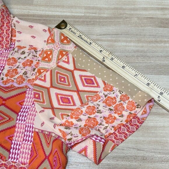 Rose+Olive Top Womens Large Cropped Boxy Aztec Floral Orange Pink Button Up - Picture 7 of 10